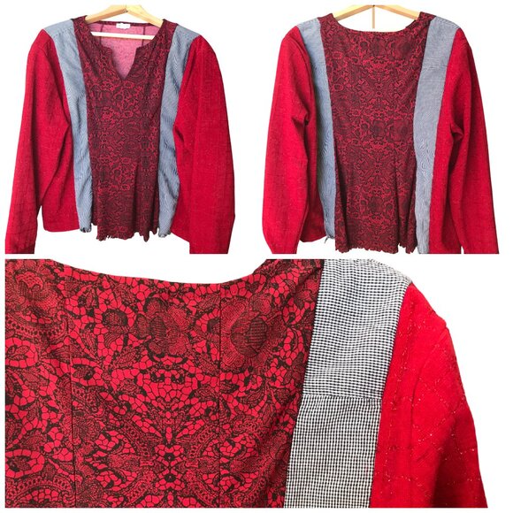 Upcycled Patchwork Pullover Shirt, Size M-L: Mixed Print Spliced Floral Blouse - Picture 13 of 13